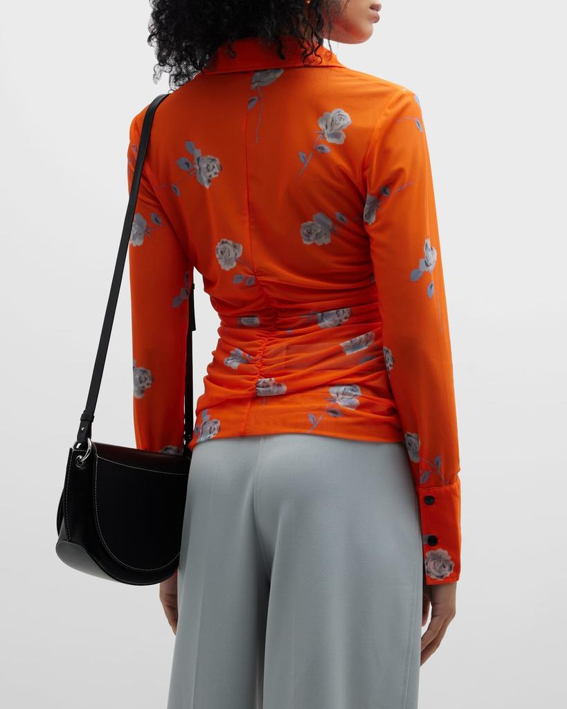 Ruched Button-Front Floral Mesh Shirt商品第5张图片规格展示