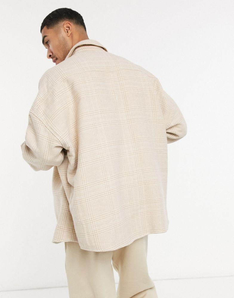 ASOS DESIGN extreme oversized wool mix check shacket in tonal beige with snap buttons商品第2张图片规格展示