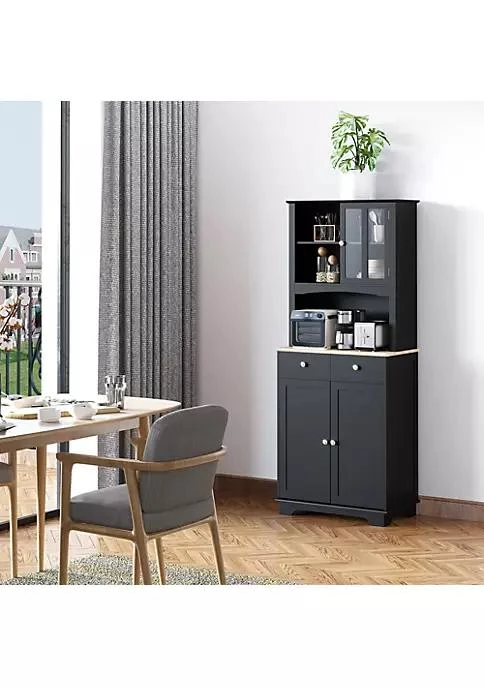 商品HOMCOM|67 Kitchen Buffet With Hutch Pantry With Framed Doors 2 Drawers And Open Microwave Countertop Black,价格¥1965,第3张图片详细描述