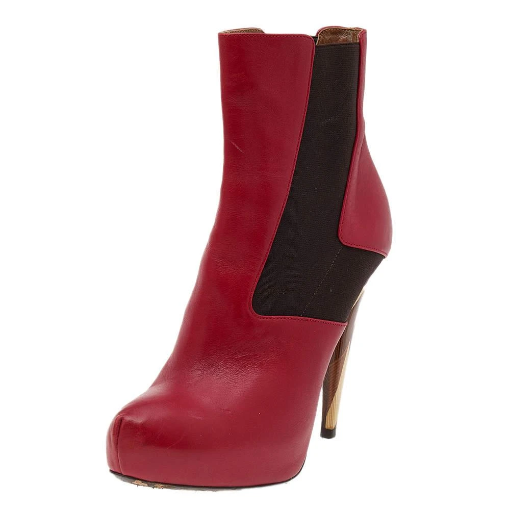 商品[二手商品] Fendi|Fendi Red/Brown Leather And Stretch Fabric Platform Ankle Boots Size 37.5,价格¥2158,第1张图片