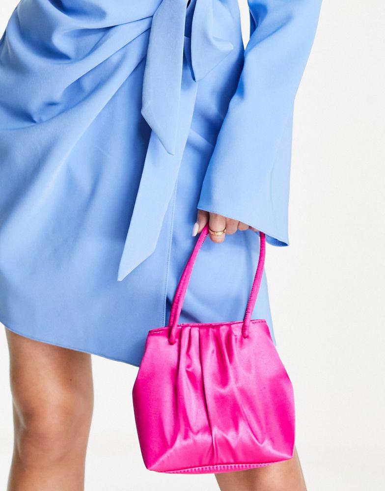ASOS DESIGN ruched satin clutch bag with detachable crossbody strap in bright pink商品第1张图片规格展示