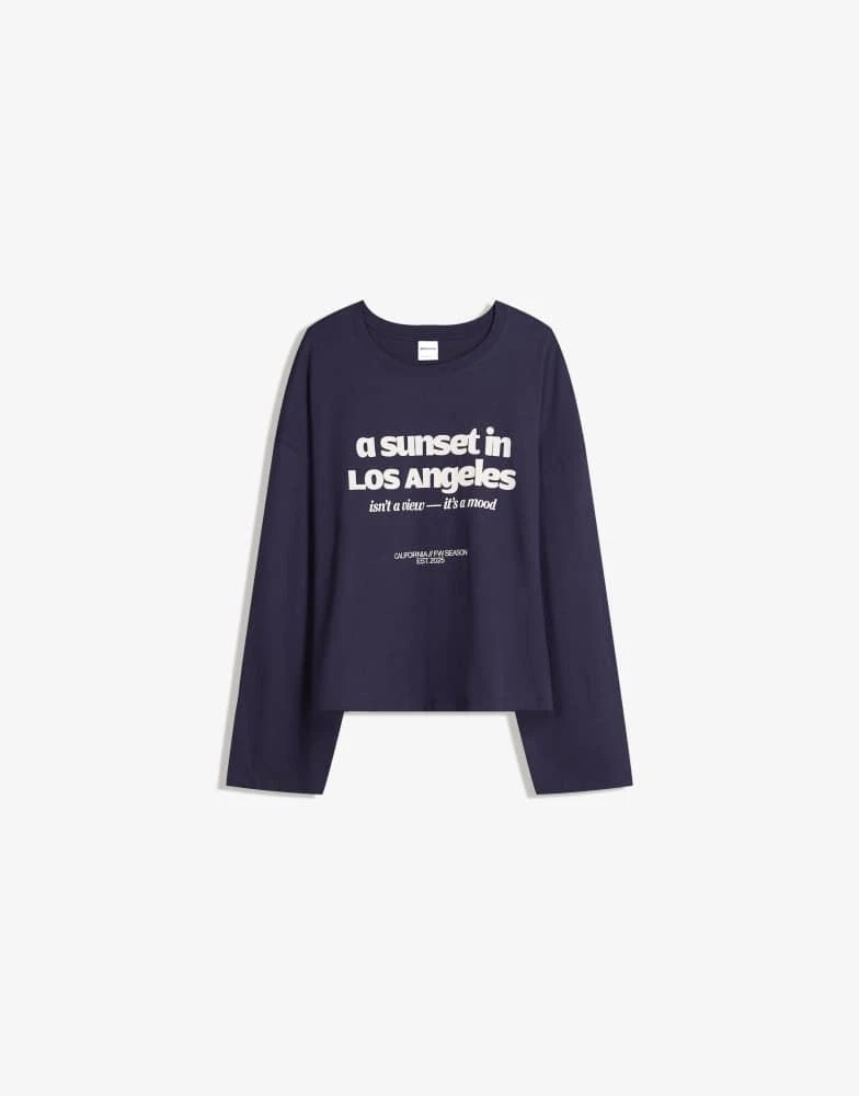 商品Bershka|Bershka Long sleeve boxy t-shirt with print in navy,价格¥184,第4张图片详细描述
