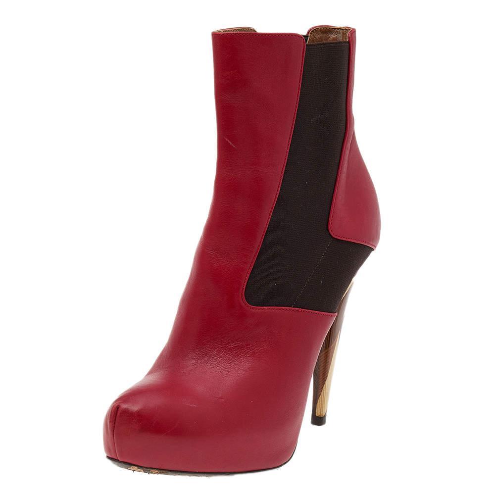 商品[二手商品] Fendi|Fendi Red/Brown Leather And Stretch Fabric Platform Ankle Boots Size 37.5,价格¥1395,第1张图片