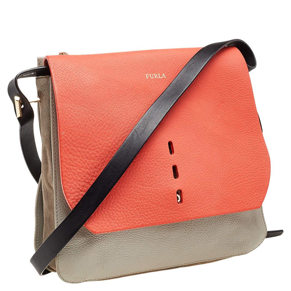 Furla Orange/Grey Leather And Suede Flap Shoulder Bag商品第3张图片规格展示