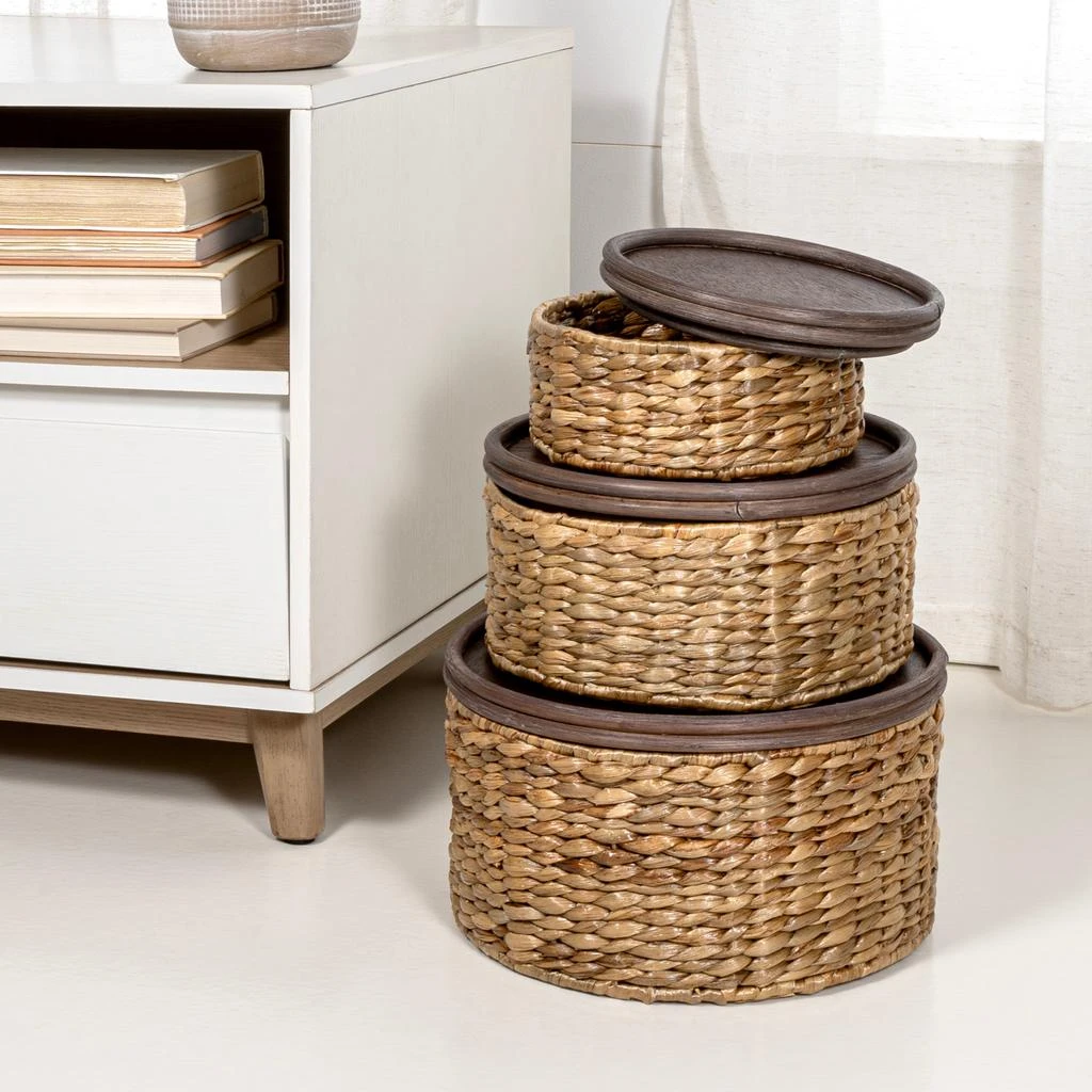 商品happimess|Gouda Southwestern Hand-Woven Hyacinth Circular Nesting Baskets with Wood Lids, Natural (Set of 3),价格¥822,第1张图片