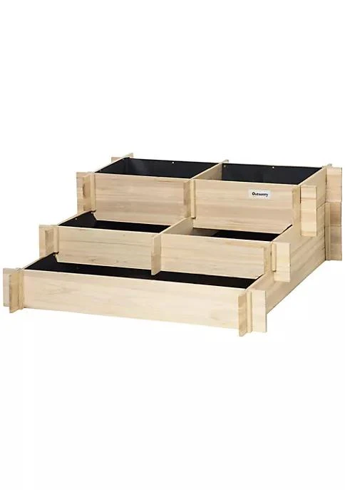 商品Outsunny|3 Tier Wood Raised Garden Bed With Non Woven Fabric Inside Elevated Planting Box Outdoor Vegetable Flower Container Natural,价格¥690,第2张图片详细描述