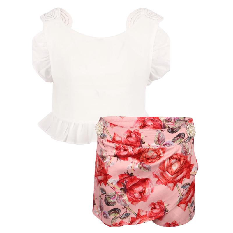 Ruffled top with lace back detailing and aop red roses skort set in white and pink商品第1张图片规格展示