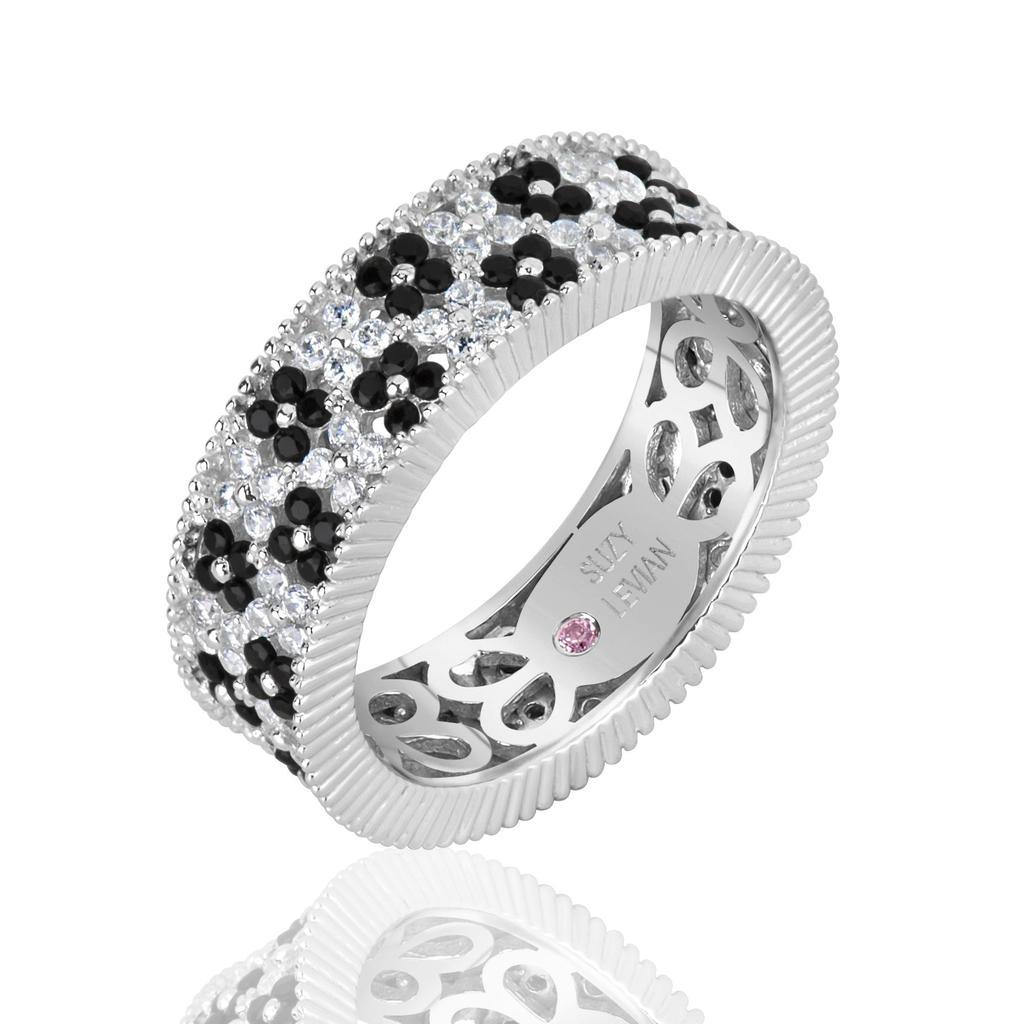 Suzy Levian Sterling Silver Black and White Cubic Zirconia Floral Eternity Band商品第1张图片规格展示