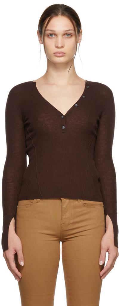 Brown Rib Henley V-Neck Sweater商品第1张图片规格展示