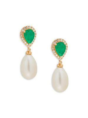 商品Effy|14K Yellow Gold, 7MM Freshwater Pearl, Emerald & Diamond Drop Earrings,价格¥6619,第1张图片