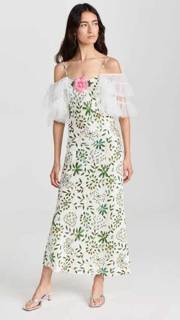 Off White and Green Printed Silk Bias Slip Dress 商品