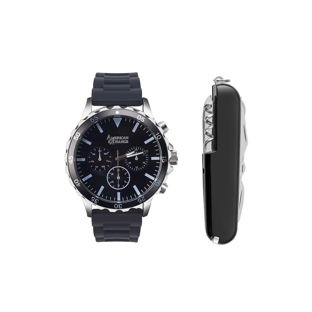 Men's Quartz Movement Black Silicone Analog Watch, 50mm and Multi-Purpose Tool with Zippered Travel Pouch商品第1张图片规格展示