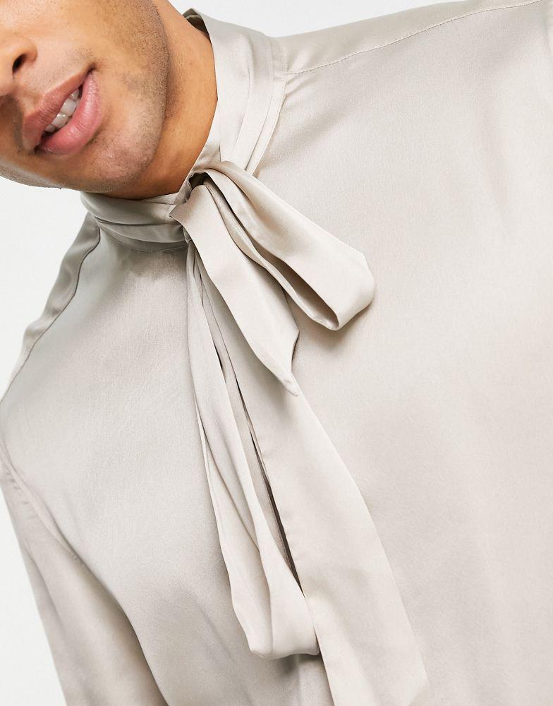 ASOS DESIGN satin shirt with tie neck and blouson volume sleeve in champagne商品第3张图片规格展示