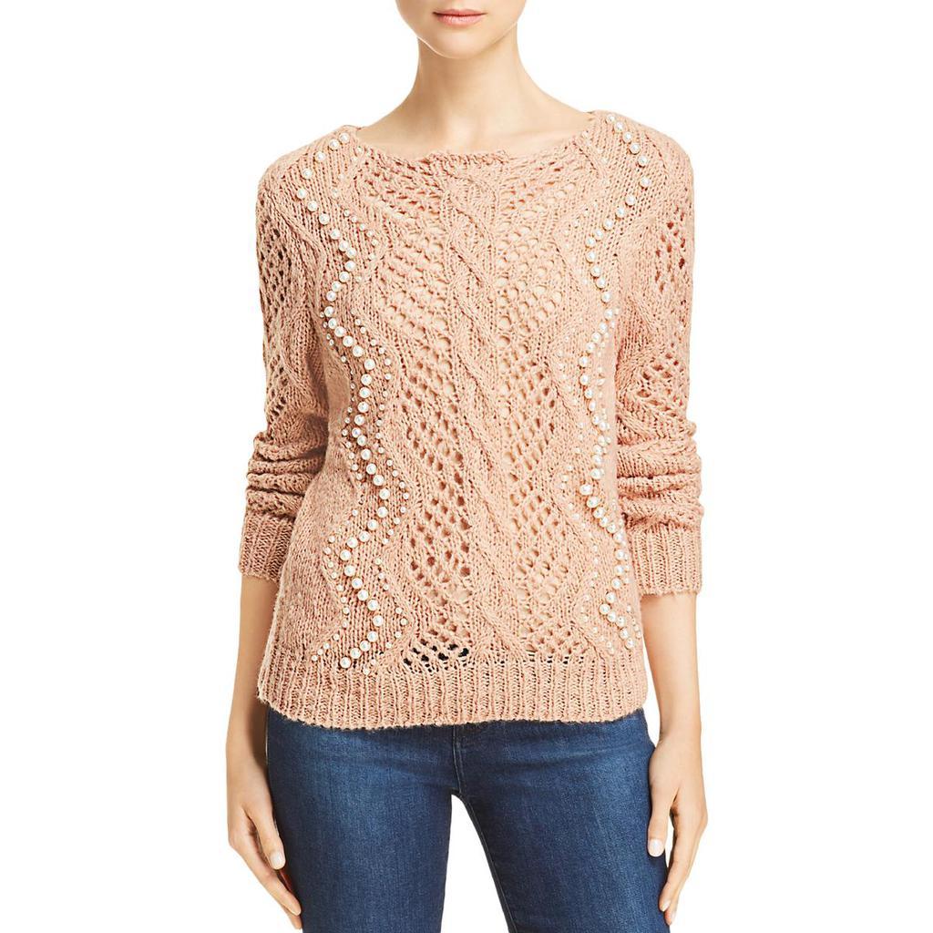 商品AQUA|Aqua Women's Open Knit Embellished Long Sleeve Pullover Sweater,价格¥75,第1张图片