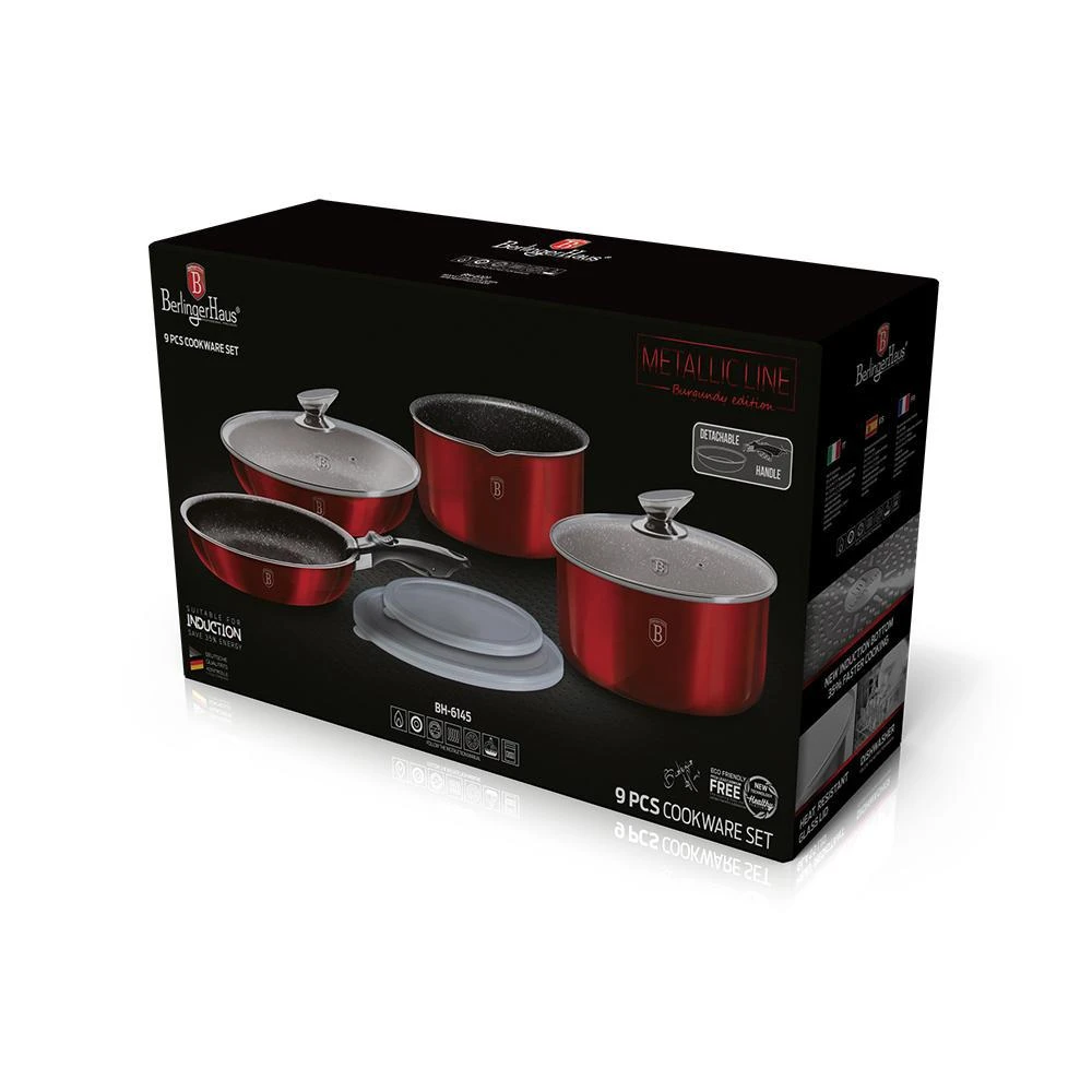 商品Berlinger Haus|9-Pieces Cookware Set w/ Detached Ergonomic Handle Burgundy Collection,价格¥317,第4张图片详细描述