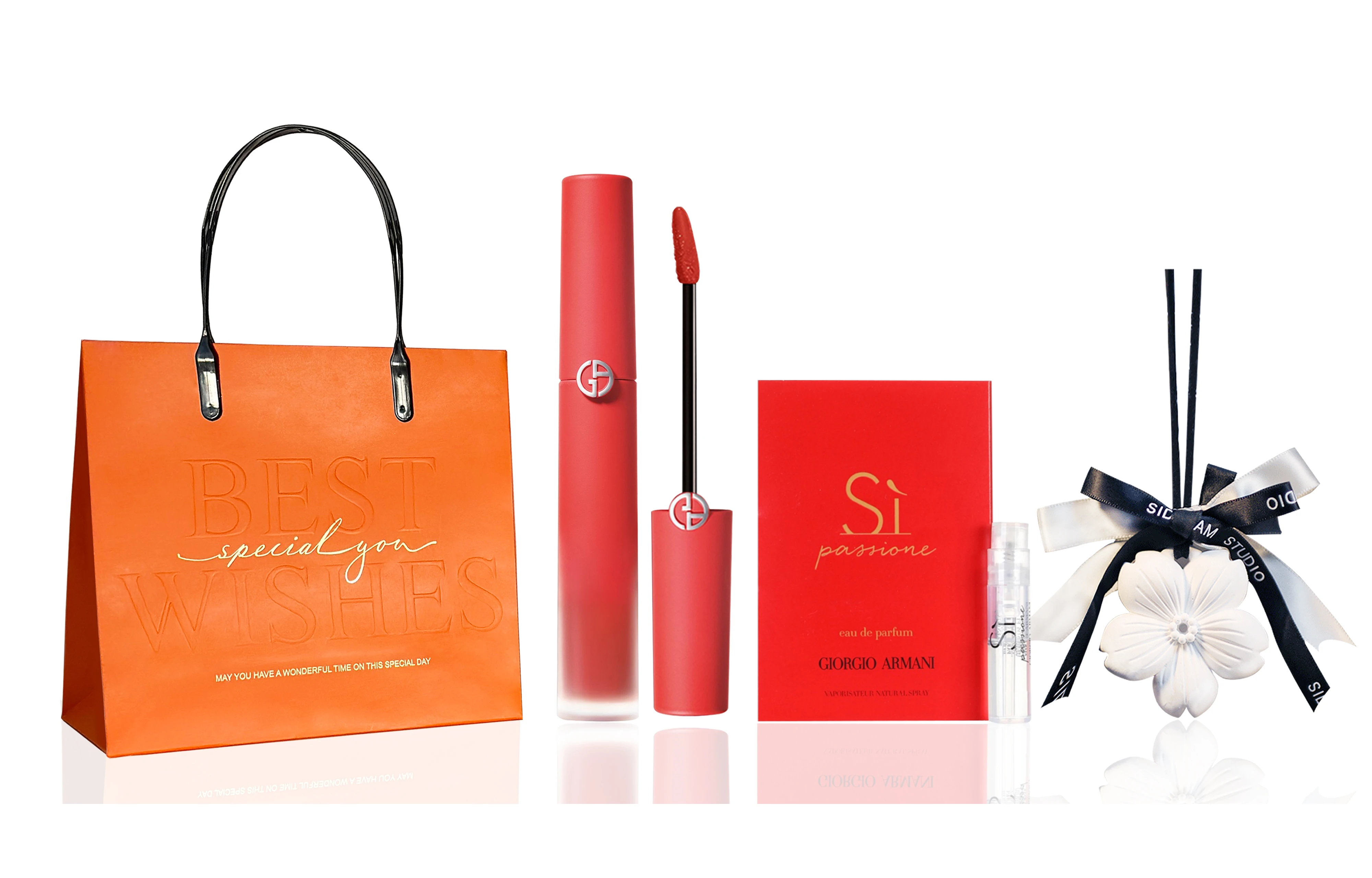 商品[国内直发] Giorgio Armani|乔治阿玛尼 红管 心想事橙礼遇彩妆套装 丝绒缎面自然持久哑光雾面不晕染素颜气色 三件套,价格¥396,第1张图片