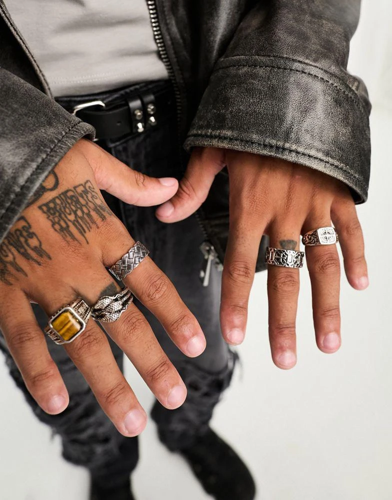 商品ASOS|ASOS DESIGN 5 pack ring set with claw and compass in burnished silver tone,价格¥189,第3张图片详细描述