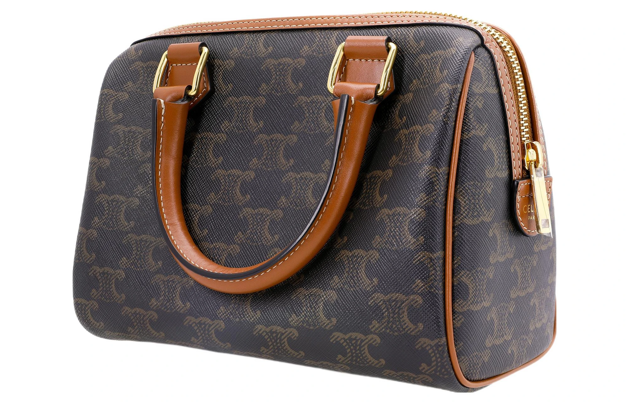 商品[国内直发] Celine|赛琳 Triomphe 经典凯旋门老花满印可调节肩带 帆布拼牛皮革 波士顿包单肩斜挎手提包 小号 女款 棕褐色,价格¥12243,第4张图片详细描述