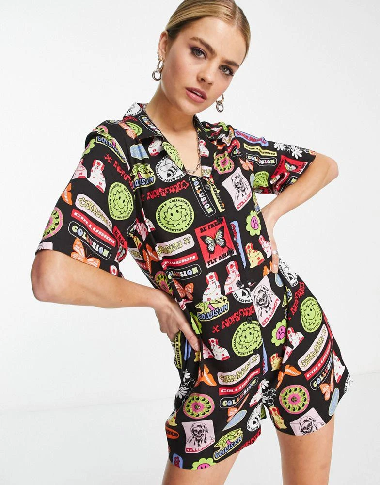 商品COLLUSION|COLLUSION sticker print revere playsuit in black,价格¥193,第1张图片