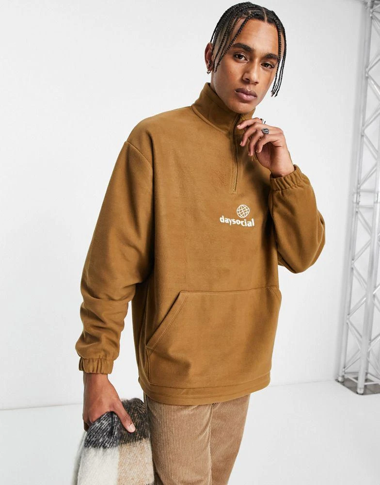 商品ASOS|ASOS Daysocial oversized quarter zip sweatshirt in polar fleece with logo print in brown,价格¥195,第1张图片