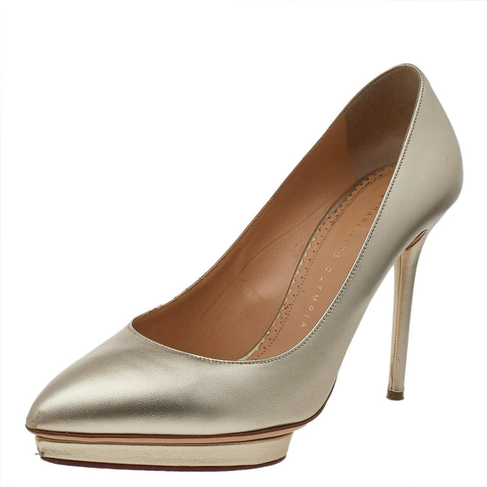 商品[二手商品] Charlotte Olympia|Charlotte Olympia Metallic Gold Leather Monroe Pumps Size 39,价格¥1091,第1张图片