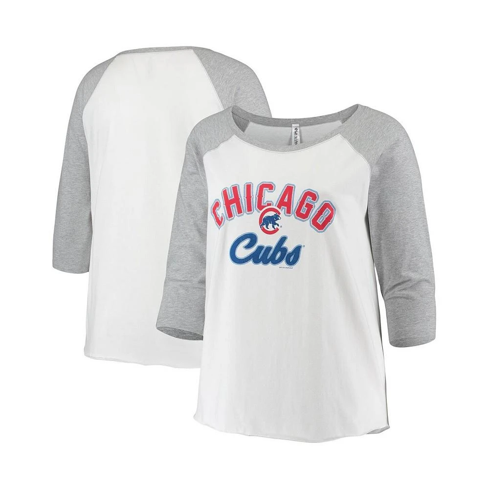 商品Soft As A Grape|Women's White and Heathered Gray Chicago Cubs Plus Size Baseball Raglan 3/4-Sleeve T-shirt,价格¥374,第1张图片