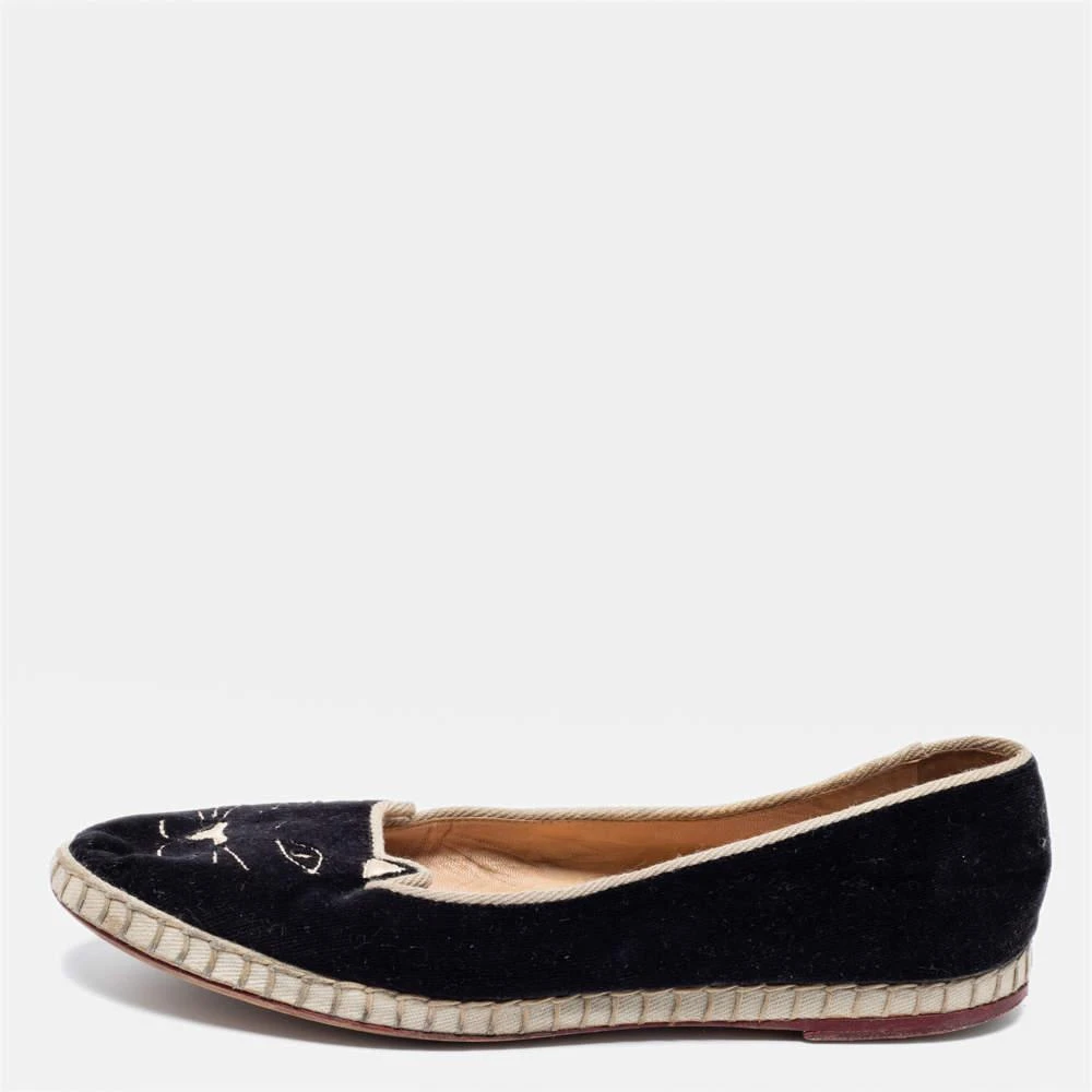 商品[二手商品] Charlotte Olympia|Charlotte Olympia Black Velvet Kitty Slip On Flats Size 38,价格¥1215,第1张图片