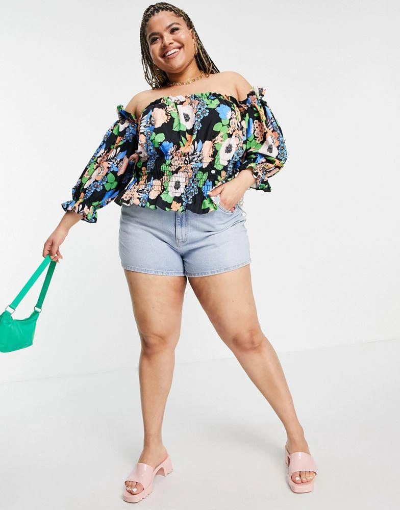 商品ASOS|ASOS DESIGN Curve bardot top with shirring in floral print,价格¥168,第4张图片详细描述