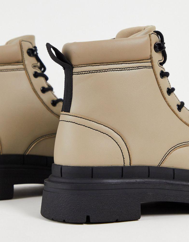 ASOS DESIGN chunky sole lace up boot with contrast stitch in taupe faux leather商品第3张图片规格展示