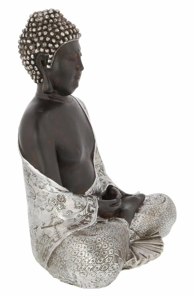 Silvertone Polystone Bohemian Buddha Sculpture with Engraved Carvings and Relief Detailing 商品