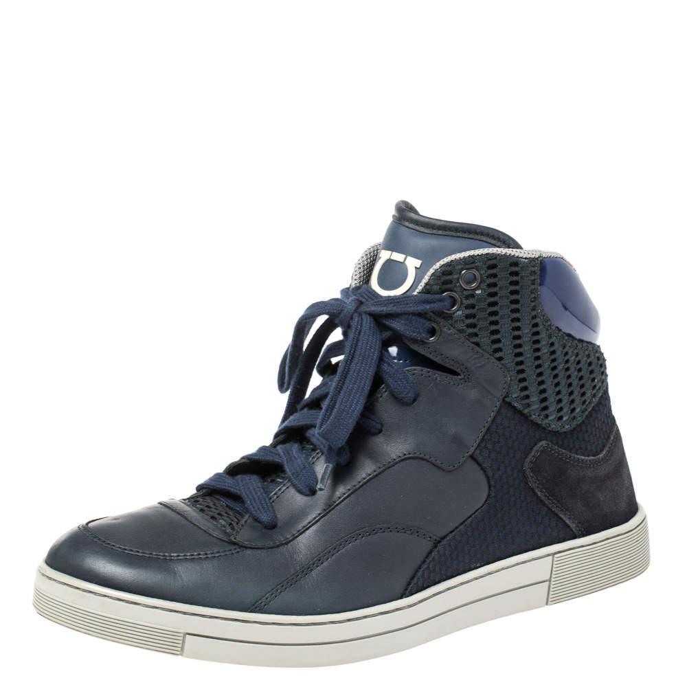 商品[二手商品] Salvatore Ferragamo|Salvatore Ferragamo Blue Leather and Mesh High Top Sneakers Size 41,价格¥1881,第1张图片