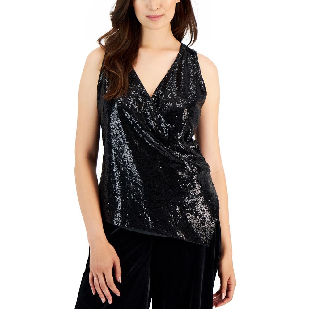 Women's Drape-Front Sleeveless Sequin Blouse商品第1张图片规格展示