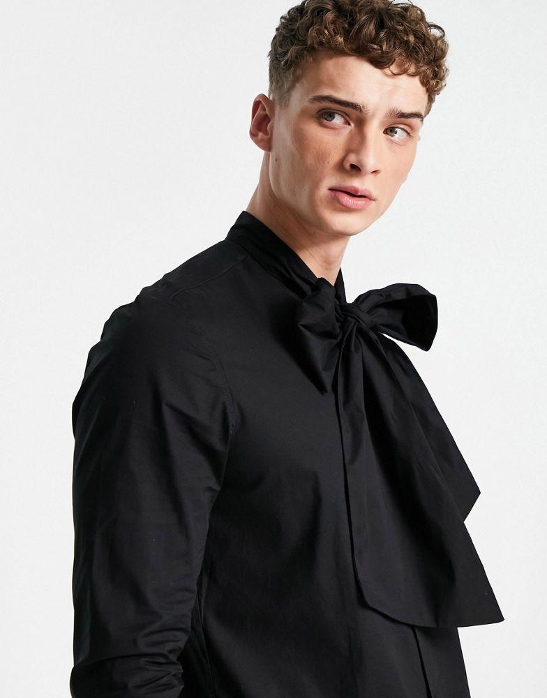 ASOS DESIGN black poplin shirt with oversized pussybow tie neck商品第1张图片规格展示