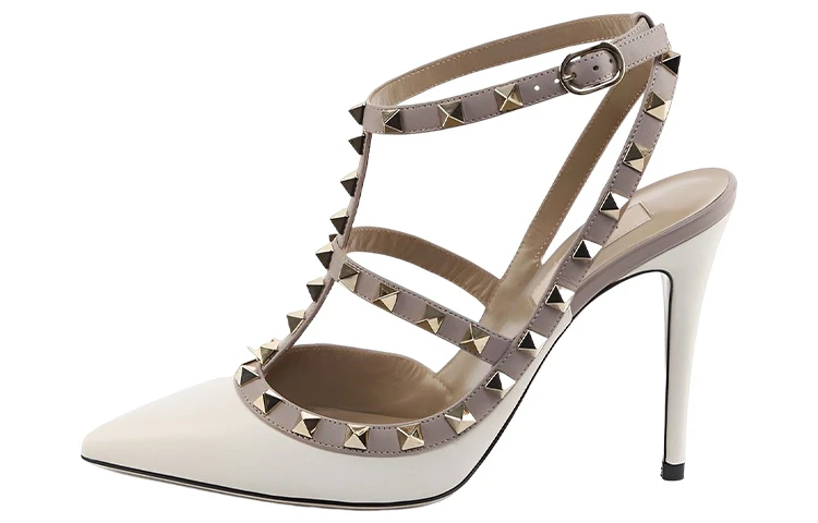 商品[国内直发] Valentino|华伦天奴 Rockstud 尖头搭扣 铆钉鞋 细跟 高跟鞋 10cm 女款 白色,价格¥7569,第1张图片