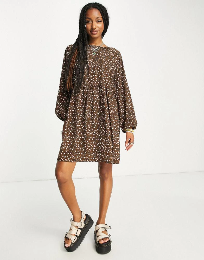 商品Daisy Street|Daisy Street smock mini dress in brown vintage ditsy,价格¥137,第1张图片