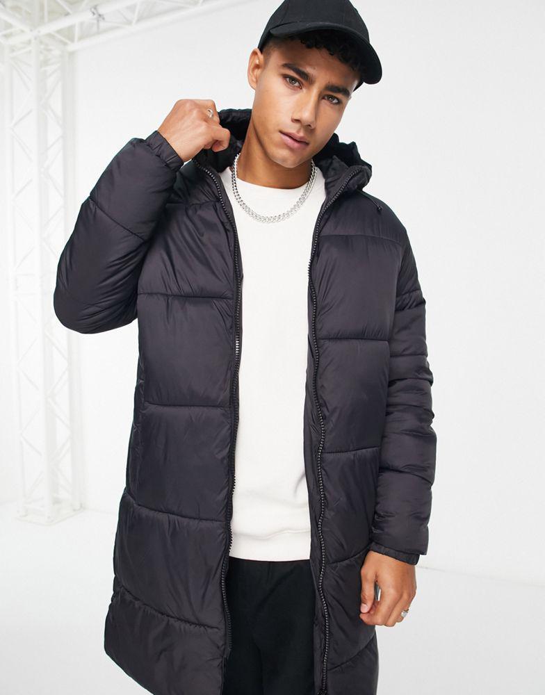 商品Jack & Jones|Jack & Jones Essentials longline puffer coat with hood in black with double zip,价格¥609,第1张图片