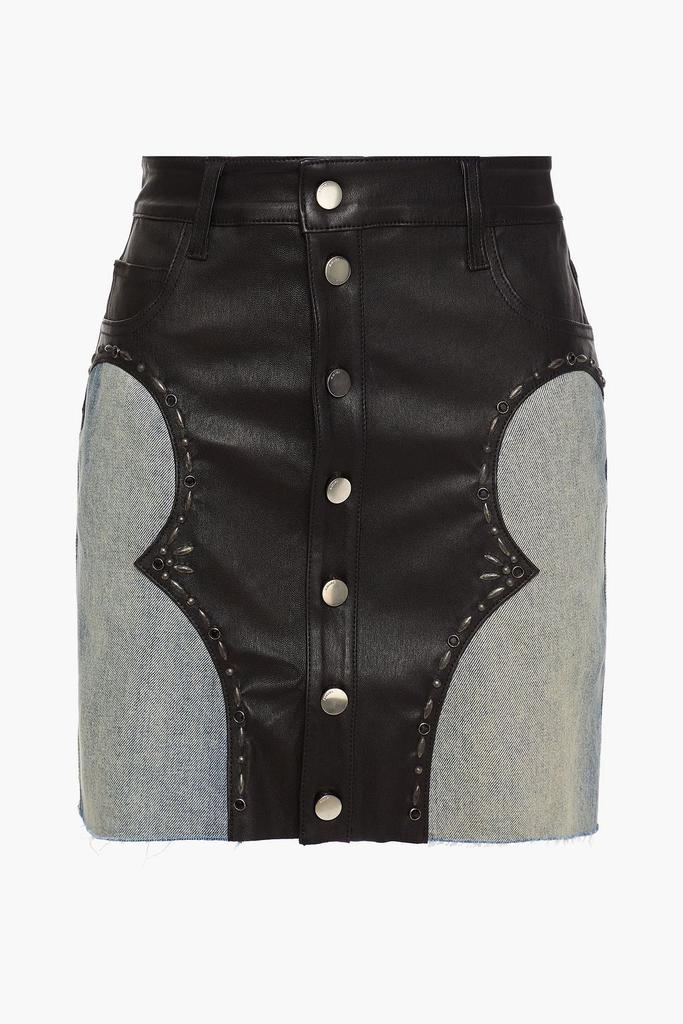 Denim-paneled studded leather mini skirt商品第3张图片规格展示