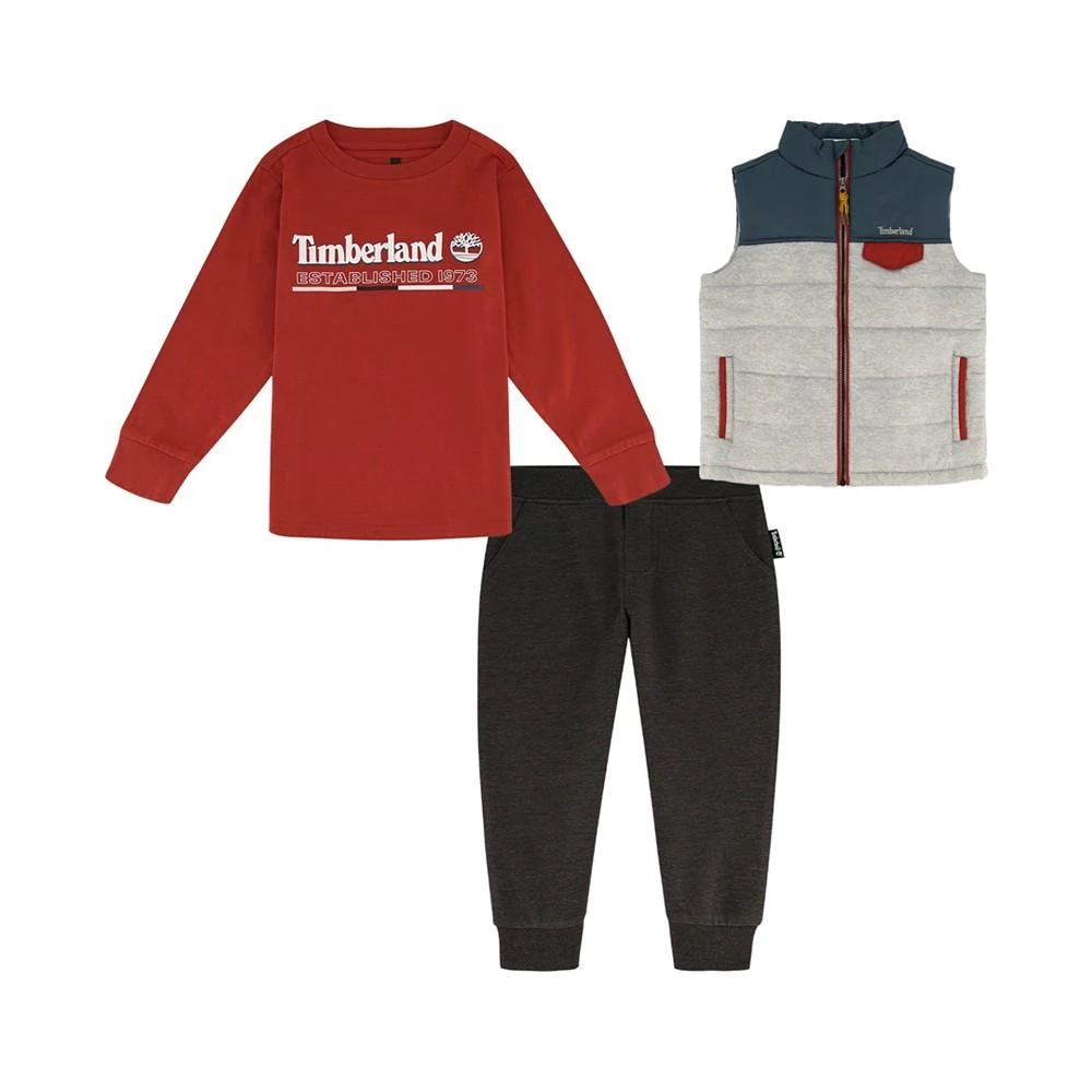 商品Timberland|Little Boys Color Block Puffer Vest, Graphic T-shirt and Fleece Joggers, 3 Piece Set,价格¥136,第1张图片