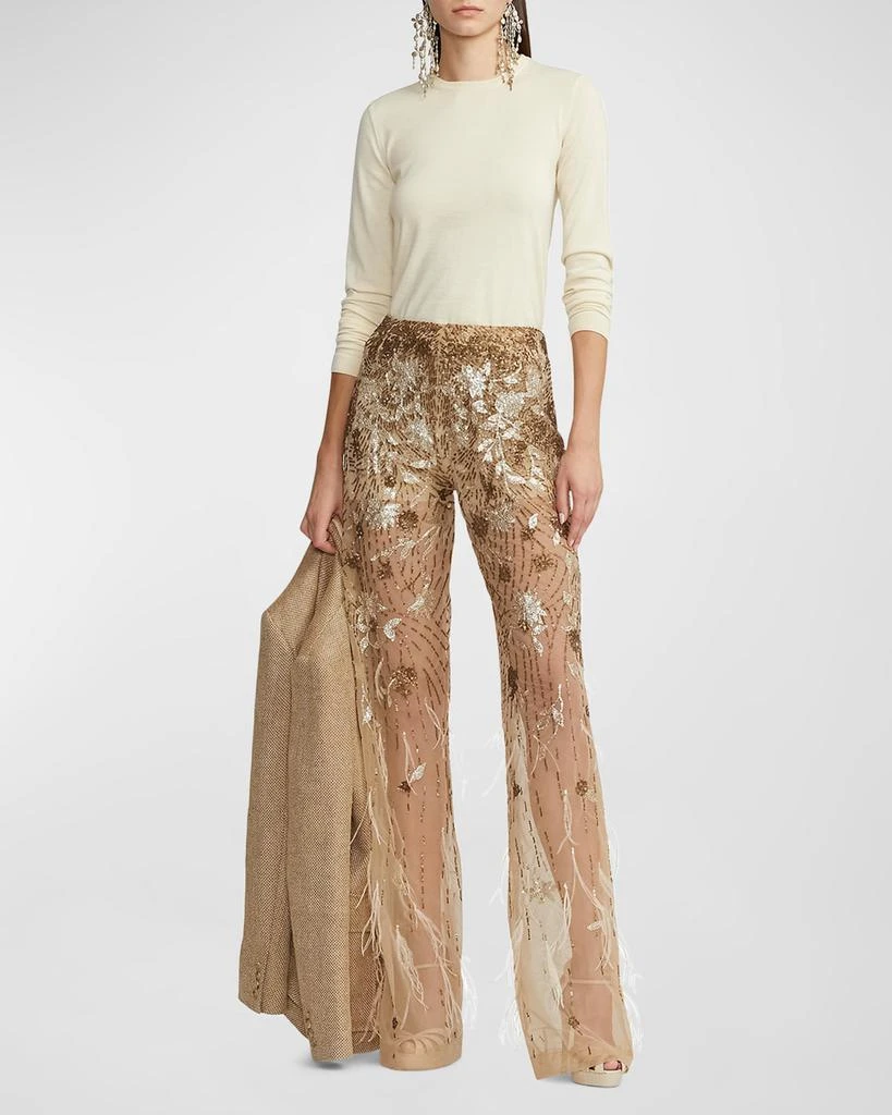 商品Ralph Lauren|High-Rise Feather Embellished Sheer Straight-Leg Pants,价格¥33135,第3张图片详细描述