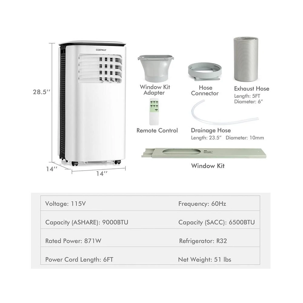 商品Costway|9000 BTU Air Cooler 3 in 1 Portable Air Conditioner w/Fan & Dehumidifier,价格¥2232,第2张图片详细描述