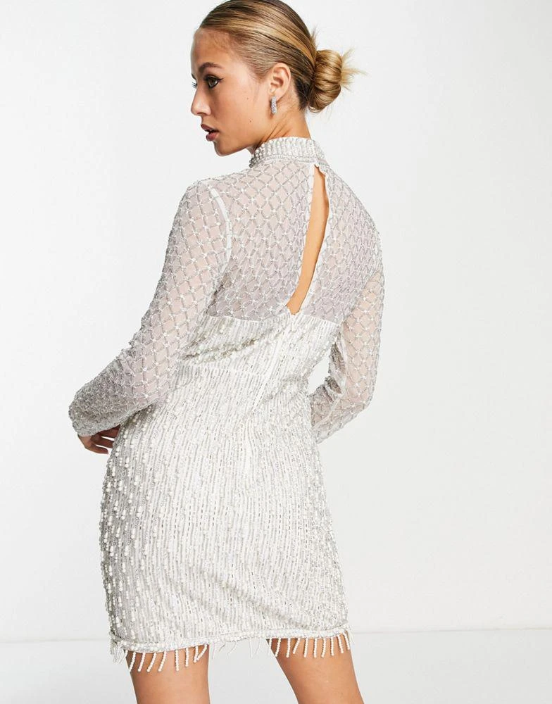 商品ASOS|ASOS EDITION grid embellished cap sleeve mini dress with pearls in ivory,价格¥1493,第3张图片详细描述