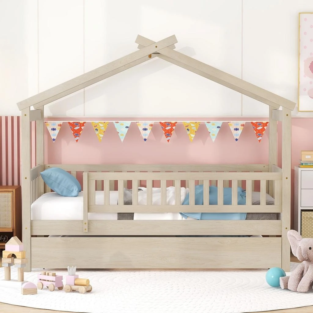 商品Streamdale Furniture|Streamdale Twin Size Wooden House Bed With Twin Size Trundle,价格¥4000,第5张图片详细描述
