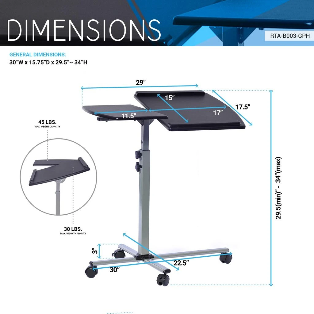 商品Streamdale Furniture|Streamdale Rolling Adjustable Laptop Cart,价格¥1018,第4张图片详细描述