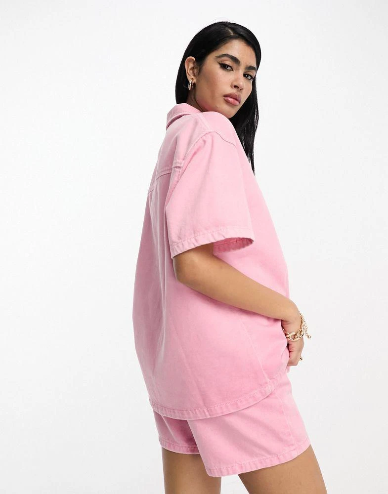 商品ASOS|ASOS DESIGN co-ord denim long line shirt in pink,价格¥213,第3张图片详细描述