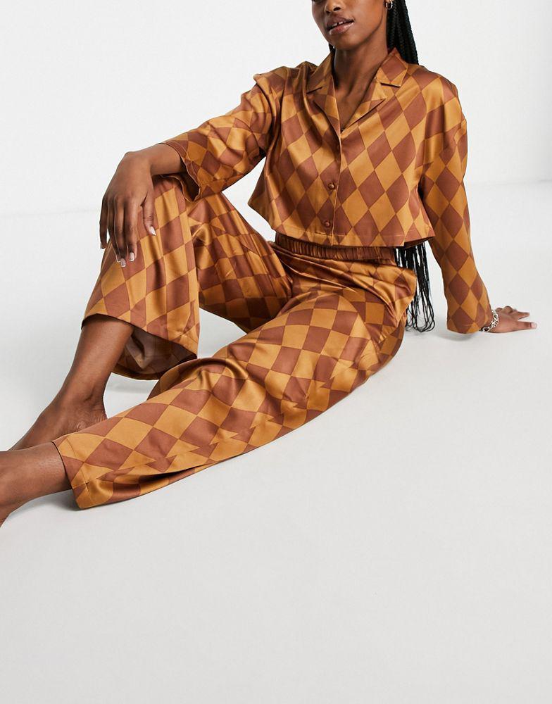 Topshop satin argyle print shirt & trouser pyjama set in multi商品第3张图片规格展示