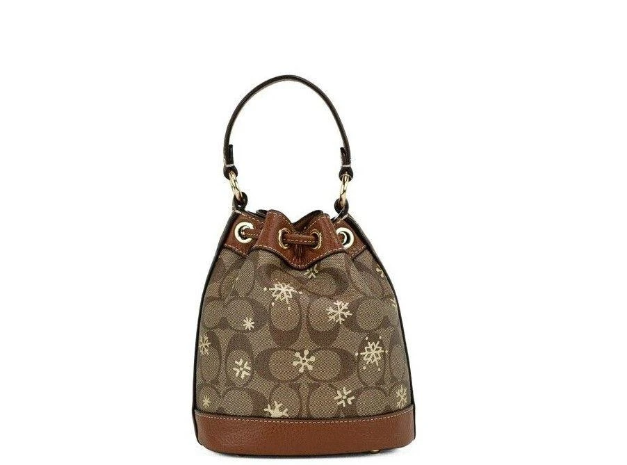 商品Coach|COACH Dempsey 15 Small Snowflake Print Khaki Coated Canvas Bucket Bag,价格¥2157,第4张图片详细描述