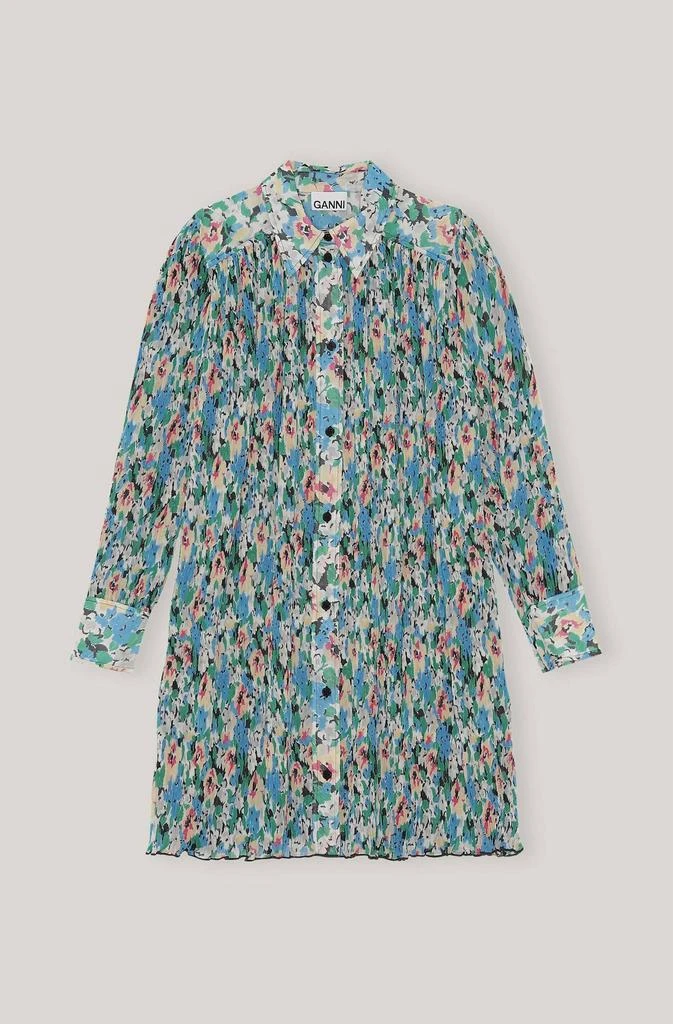 商品Ganni|Pleated Georgette Wide Mini Shirt Dress In Floral Azure Blue,价格¥1269,第1张图片