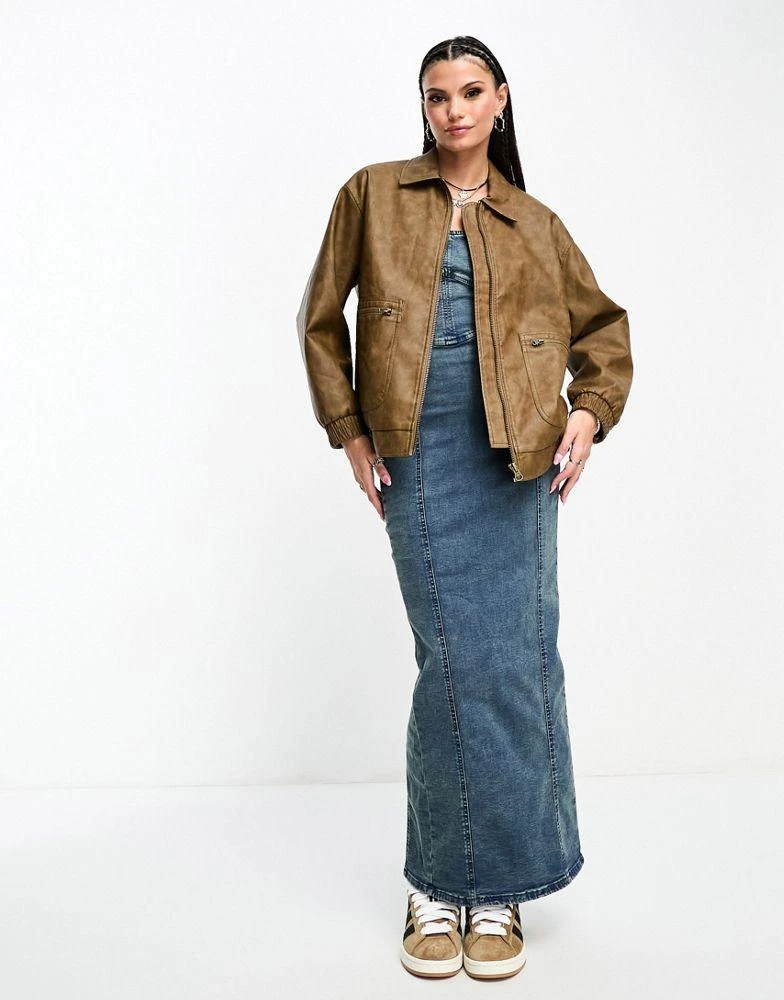 商品Stradivarius|Stradivarius STR faux leather vintage oversized biker jacket in washed tan,价格¥366,第3张图片详细描述
