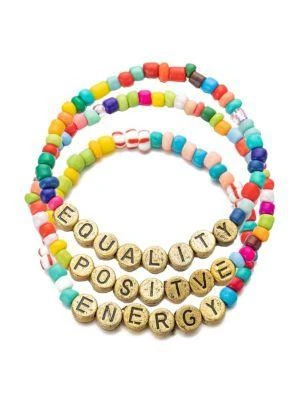 商品Eye Candy LA|Luxe Positive, Equality & Energy 3-Piece Goldtone & Enamel Stretch Bracelet Set,价格¥248,第1张图片