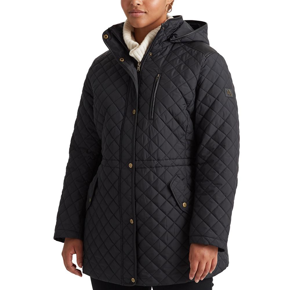 Plus Size Faux-Leather Trimmed Hooded Anorak Quilted Coat, Created for Macy's商品第1张图片规格展示